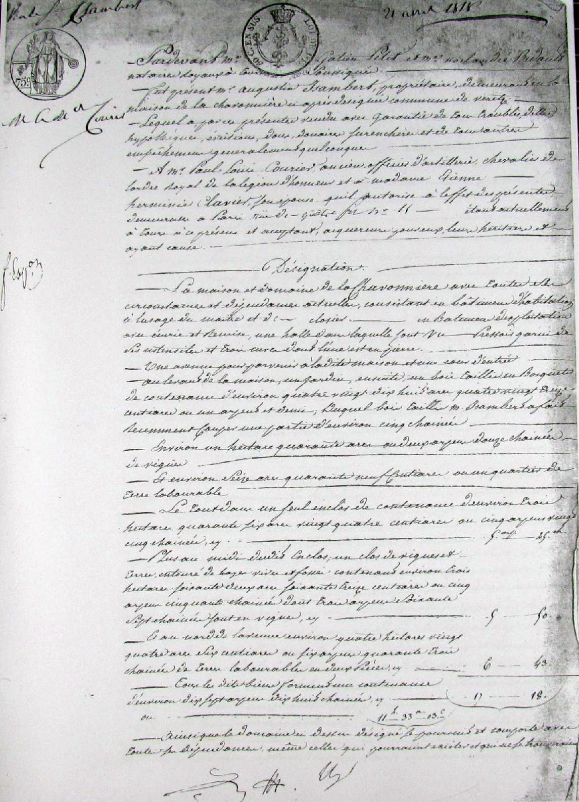 Escritura de compraventa de Chavonnière, 21 de abril 1818